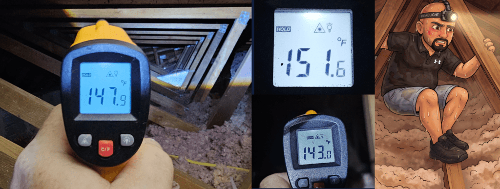 Cape Coral Wind Mitigation Inspection Home Inspector in Hot Attic performing inspection.